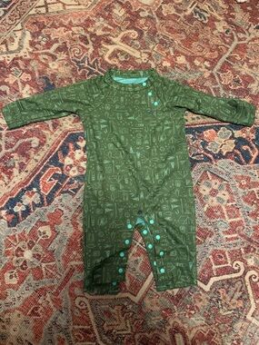 L.L. Bean Wicked Warm Olive Green Footie One-Piece with Adventure Print